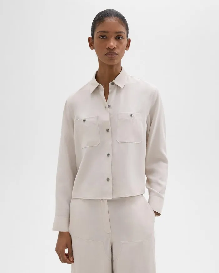 Women Tops Theory Patch Pocket Shirt In Fluid Twill New Sand