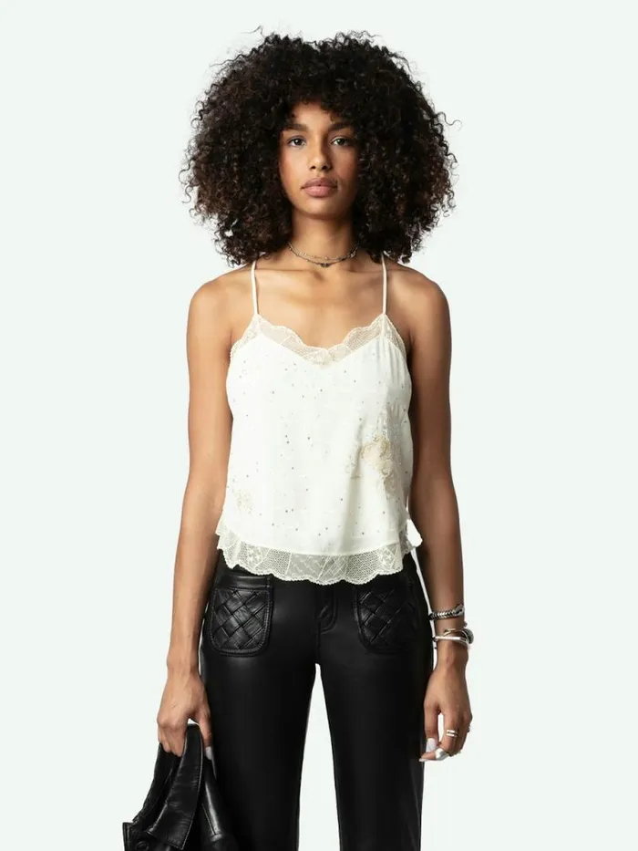 Women Zadig and Voltaire Tops and Shirts Claudy Diamant Wings Silk Jacquard Camisole Vanille Women Zadig and Voltaire Tops and Shirts Claudy Diamant Wings Silk Jacquard Camisole Vanille