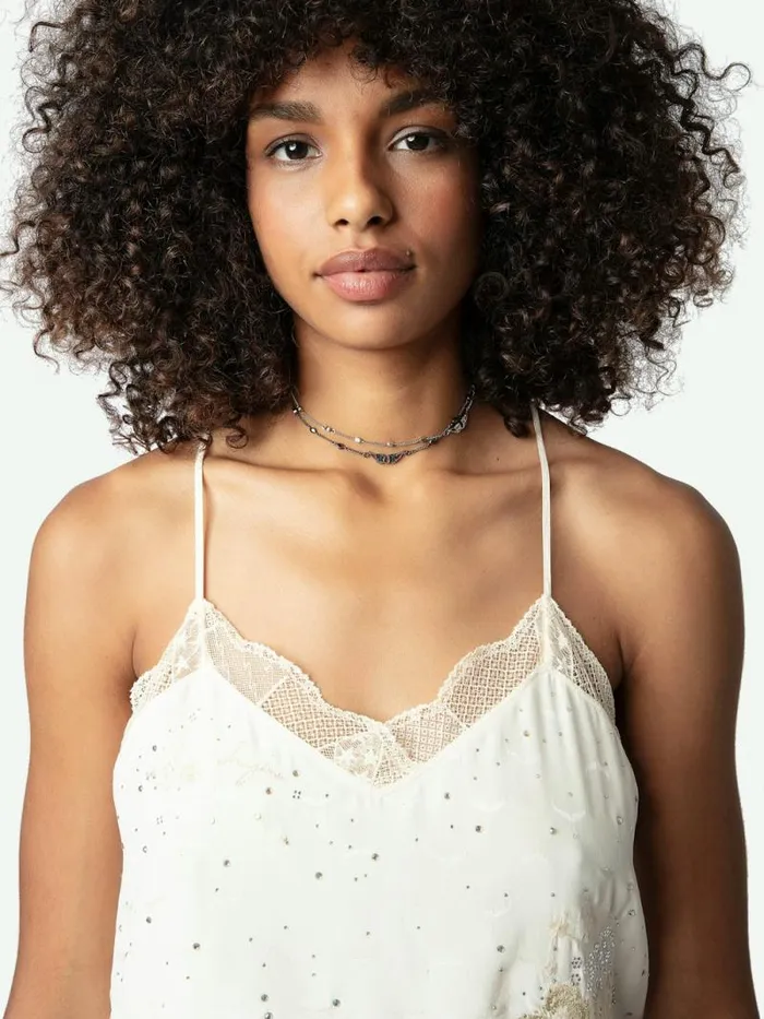 Women Zadig and Voltaire Tops and Shirts Claudy Diamant Wings Silk Jacquard Camisole Vanille Women Zadig and Voltaire Tops and Shirts Claudy Diamant Wings Silk Jacquard Camisole Vanille