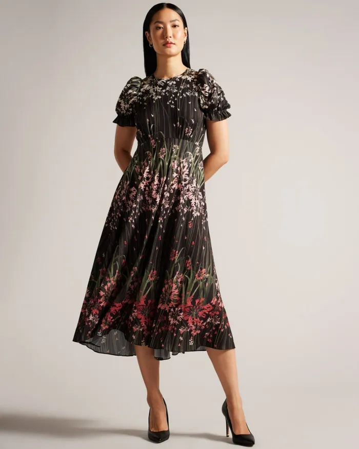 Women ZAHRRIA 8211 Floral Midi Dress With Puff Sleeves Black Ted Baker Dresses