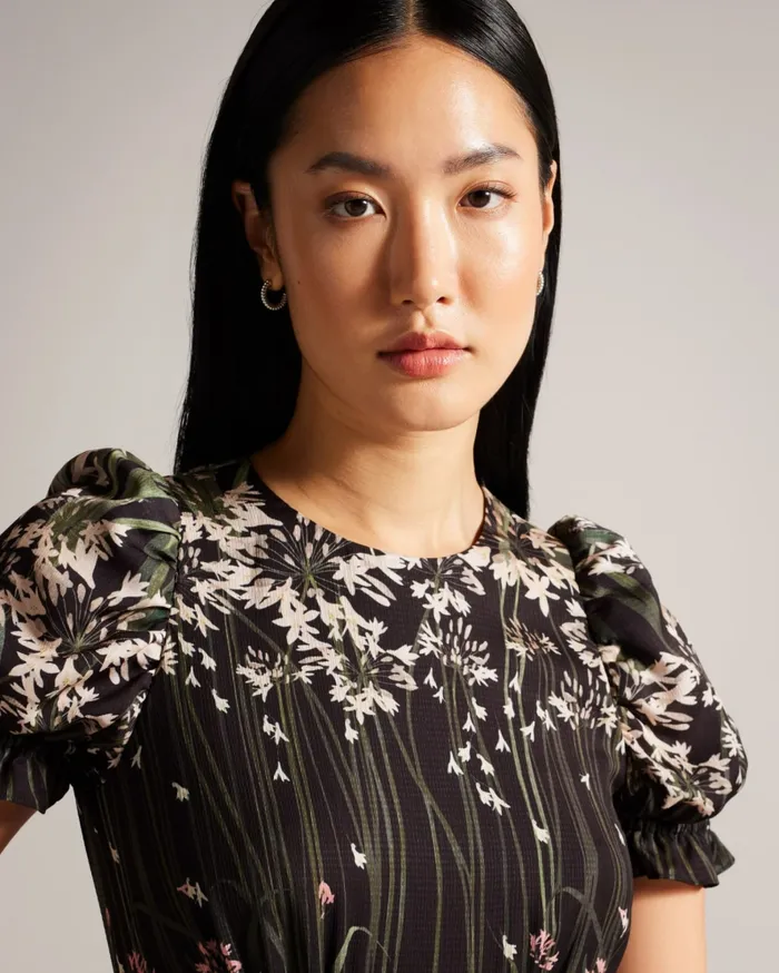 Women ZAHRRIA 8211 Floral Midi Dress With Puff Sleeves Black Ted Baker Dresses