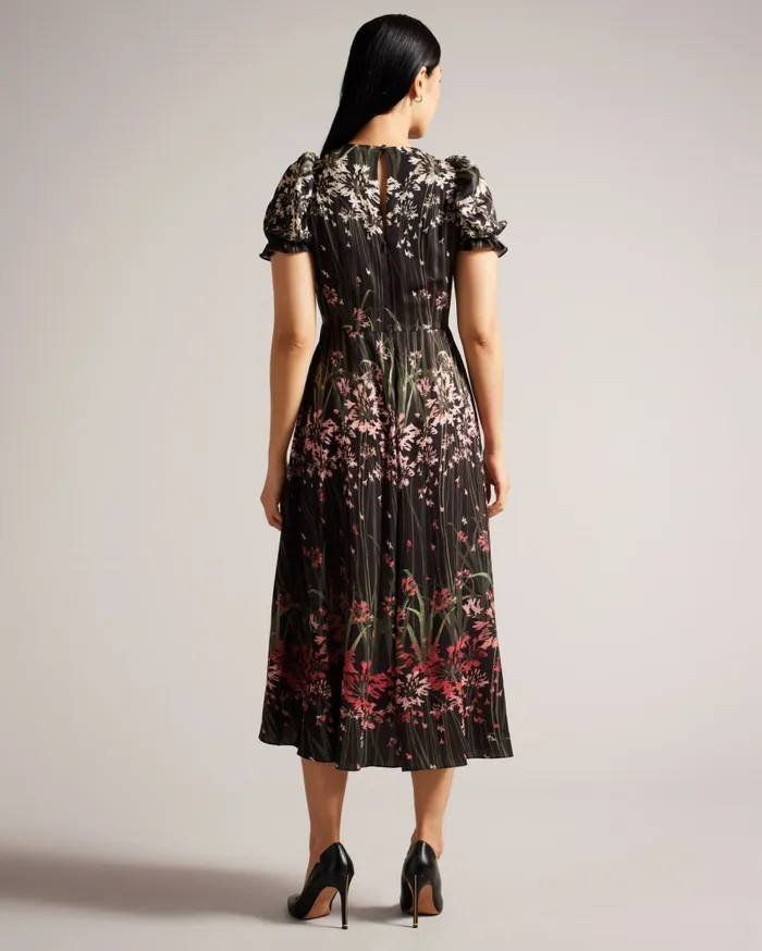 Women ZAHRRIA 8211 Floral Midi Dress With Puff Sleeves Black Ted Baker Dresses