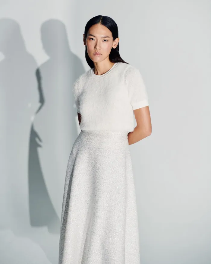 Wool Blend Sequins Flared Midi Skirt Ecru Women Akris Skirts