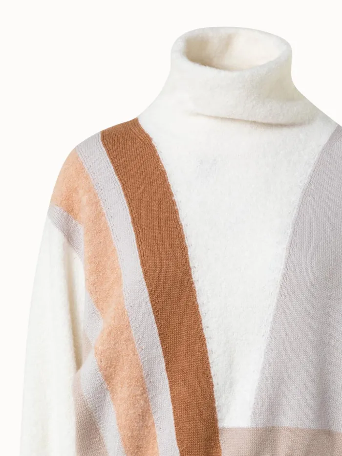 Zig Zag Trapezoid Intarsia Cashmere Silk Boucl Short Pullover Camelmulticolor Women Akris Cashmere