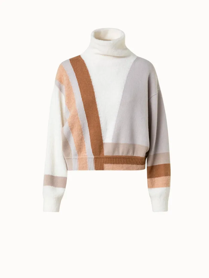Zig Zag Trapezoid Intarsia Cashmere Silk Boucl Short Pullover Camelmulticolor Women Akris Cashmere